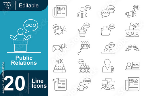 Public Relations Icons Set for Media Communication, News, Marketing, and Social Media - Editable Line Art