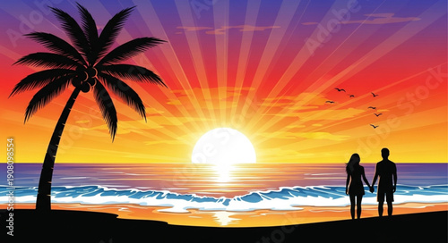 sunset on the beach with palms