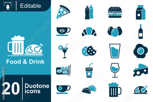 A comprehensive collection of 20 duotone icons representing a wide variety of food and beverage items perfect for graphic design and branding projects