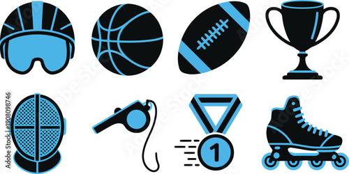 Clean representations of common sports equipment and winning awards for various athletic pursuits