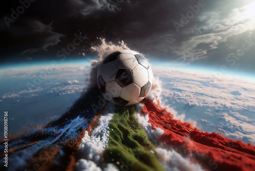 A soccer ball soaring through a dramatic cosmic storm above earth's surface