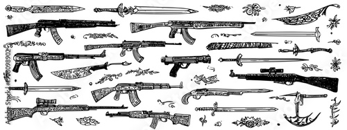 set of hand drawn weapons vector illustration 