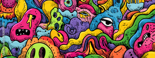 Acid tripp vector illustration hippie style background colored monsters art 