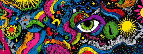 Acid tripp vector illustration hippie style background colored monsters art 