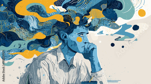 mental problem vector illustration mens overthinking head depression colored illustratioon 