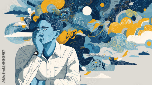 mental problem vector illustration mens dreaming analytics depression colored illustration 