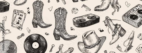 cowboy style disco banner for party western style art drawing design vector illustration