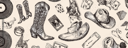 cowboy style disco banner for party western style art drawing design vector illustration