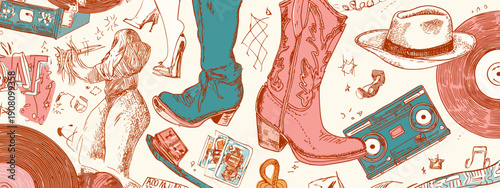 cowboy style disco banner for party western style art drawing design vector illustration