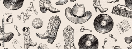 cowboy style disco banner for party western style art drawing design vector illustration