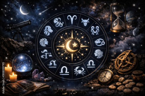 Astrology zodiac wheel glowing under a starry night with candles telescope hourglass crystal ball and celestial symbols for horoscope mysticism time destiny cosmic insight and divination
