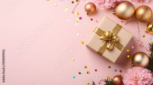 Wallpaper Mural Elegant Gift Box with Gold Ribbon on Pink Background with Festive Christmas Ornaments and Flowers Torontodigital.ca
