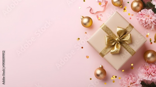Wallpaper Mural Elegant Gift Box with Gold Ribbon on Pink Background with Festive Christmas Ornaments and Flowers Torontodigital.ca