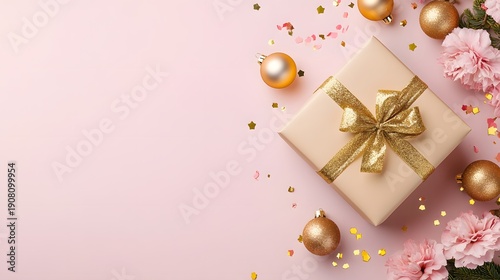 Wallpaper Mural Elegant Gift Box with Gold Ribbon on Pink Background with Festive Christmas Ornaments and Flowers Torontodigital.ca