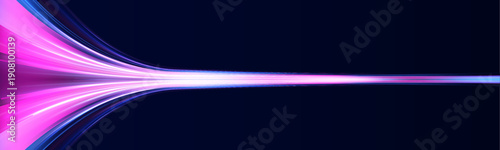 Futuristic neon laser motion lines stream along city road highway traffic at night. Light energy wave builds glowing direction and smooth trail enhanced by color effects. Vector illustration .