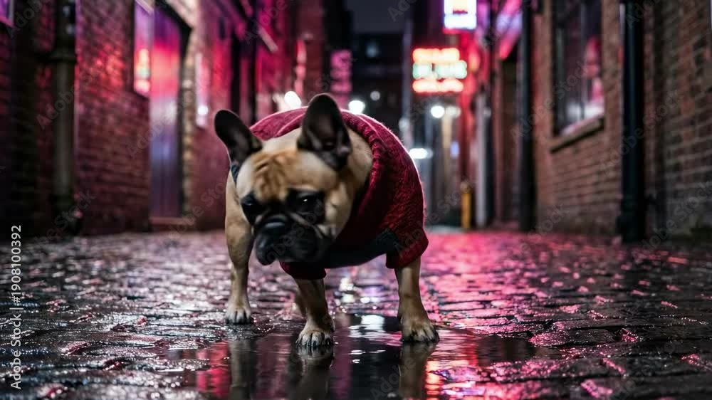 custom made wallpaper toronto digitaldog in sweater. A charming French Bulldog stands alert in a narrow, cobblestone alley, adorned with a cozy red sweater, reflecting colorful neon lights and wet pavement around