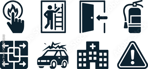 Collection of essential safety and emergency icons for public health and hazard warnings