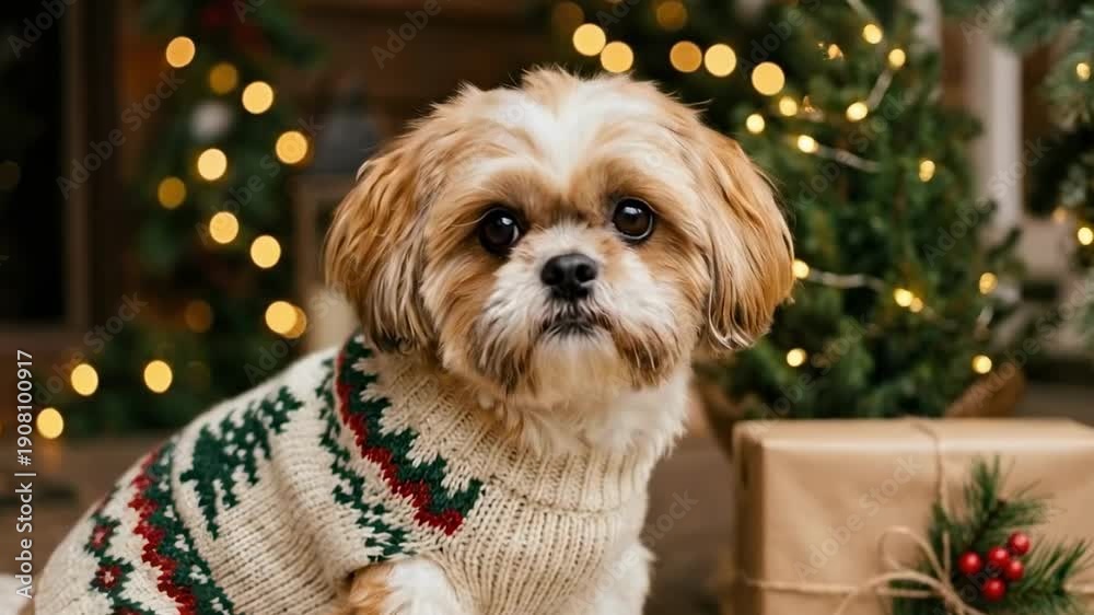 custom made wallpaper toronto digitaldog in sweater. A fluffy dog wearing a cozy knitted sweater sits beside a beautifully wrapped gift and twinkling lights, embodying the festive spirit of the holiday season