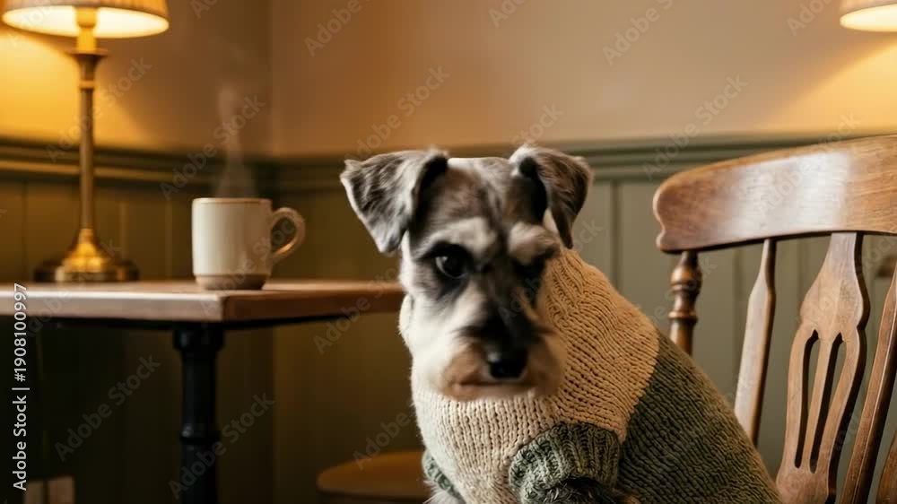 custom made wallpaper toronto digitaldog in sweater. A cozy scene featuring a dog in a knitted sweater, sitting on a wooden chair in a warm-lit room. A steaming cup rests on the table nearby, enhancing the atmosphere