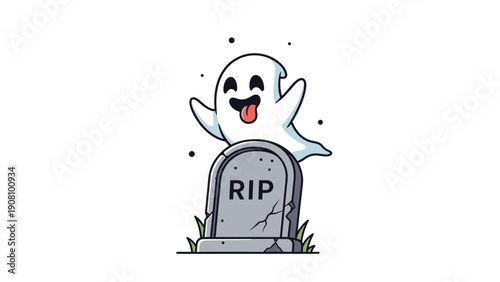 Friendly cartoon ghost sticking its tongue out while hovering behind a gray gravestone with rip text on a clean white background.