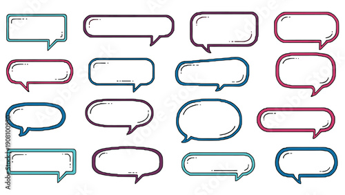 Array of colorful hand-drawn speech bubbles and comic dialogue frames in different shapes and colors for various graphic design projects.