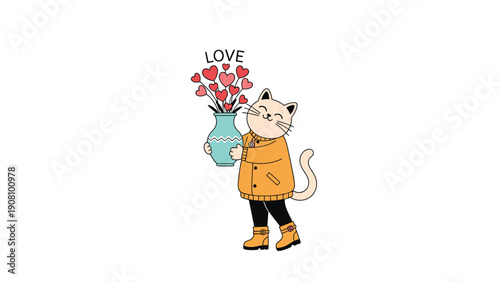 Adorable cat wearing a yellow jacket holding a vase filled with heart-shaped flowers and the word love above for Valentines Day.