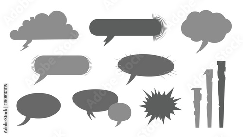 Assortment of solid gray speech bubbles and decorative frames in various creative and expressive shapes for graphic design.