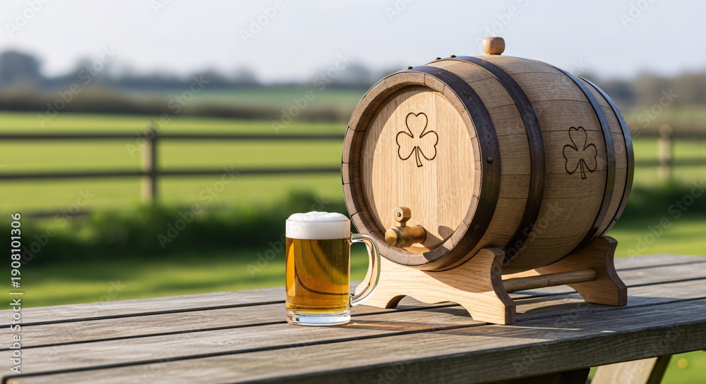Fototapeta premium Outdoor St. Patrick’s Day Beer Setup on Rustic Picnic Table