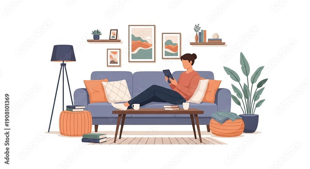 Fototapeta premium Relaxing at Home Woman Reading on a Comfortable Sofa in a Stylish Living Room