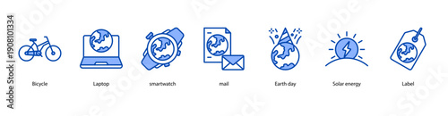 Eco Technology web banner illustration featuring Bicycle, Laptop, Smartwatch, Mail, Earth day, Solar energy, and Label.