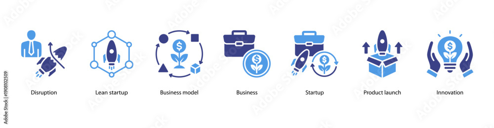Obraz premium Disruption and Lean Innovation web banner featuring Disruption, Lean Startup, Business Model, Business, Startup, Product Launch, and Innovation.