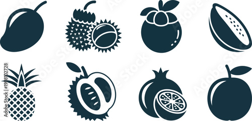 Dark blue silhouette icons depicting various whole and halved tropical fruits on a clean white background