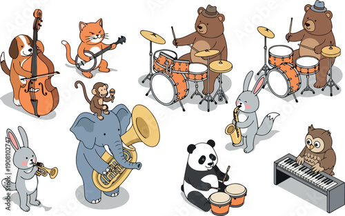 Cartoon animals playing various musical instruments together in a lively ensemble