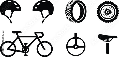 Bicycle cycling icons set illustration, helmet wheels saddle bike parts silhouette vector transportation sports collection graphic design