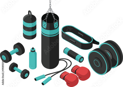 Isometric boxing and gym fitness equipment illustration, punching bag dumbbells gloves skipping rope belt bottle workout training vector set