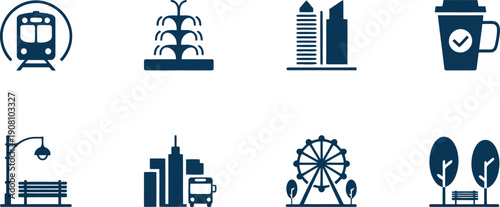 Diverse blue icons illustrating urban life including public transport, city architecture, and parks