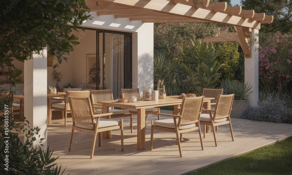 Fototapeta premium Outdoor dining set under a wooden pergola, lush greenery surrounds
