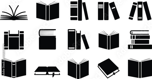 Diverse collection of black silhouette book icons representing reading and academic concepts on white