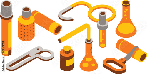 Isometric laboratory glassware set, chemistry experiment tools science lab equipment illustration collection for research education