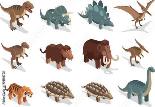 Ancient creatures illustration featuring dinosaurs, mammoths, and reptiles in a prehistoric landscape viewed from above.