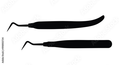Two dental instruments a probe and a scaler depicted in black