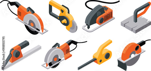 Isometric power tools set, construction cutting equipment electric saw collection workshop illustration tools gear