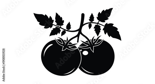 Black and white illustration of two tomatoes on a vine