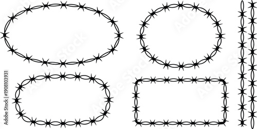 Barbed wire frame set isolated on white background, hand drawn black sketch oval and rectangle borders, security warning design element for prison, military and danger concept.