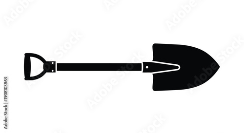 A simple black and white illustration of a garden shovel