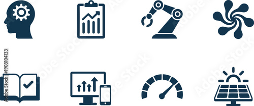 Diverse technology and business icons including a gear brain, clipboard chart, robotic arm, and solar panel