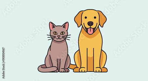 Cartoon cat and dog companionship illustration on light blue background