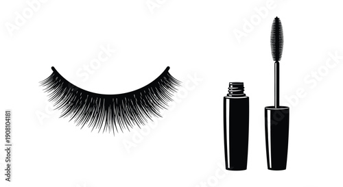 Black and white illustration of false eyelashes and mascara applicator
