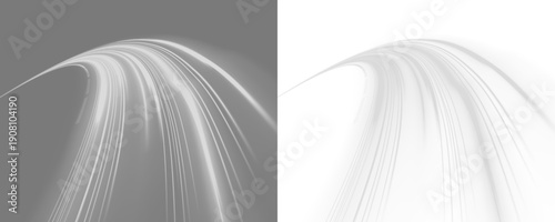 Neon laser motion lines sweep along city highway road traffic. Light wave energy trail shapes futuristic direction, glowing movement with white highlights. Cool wind starts the blizzard, png vector. 