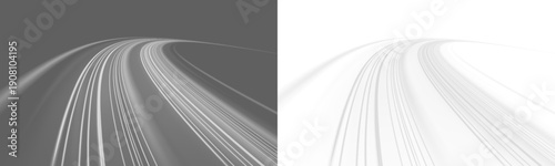 Neon white laser motion speed lines curve across city highway road traffic. Light energy wave forms futuristic trail. Illustration png vector. White air hides the whirlwind. 